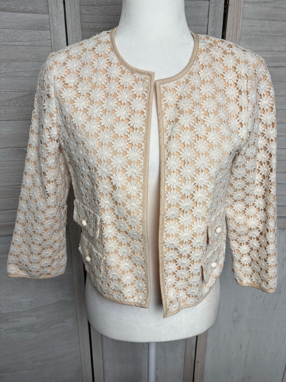 Talbots Women’s sz6petite Cream Floral Eyelet Lace Open Front Jacket